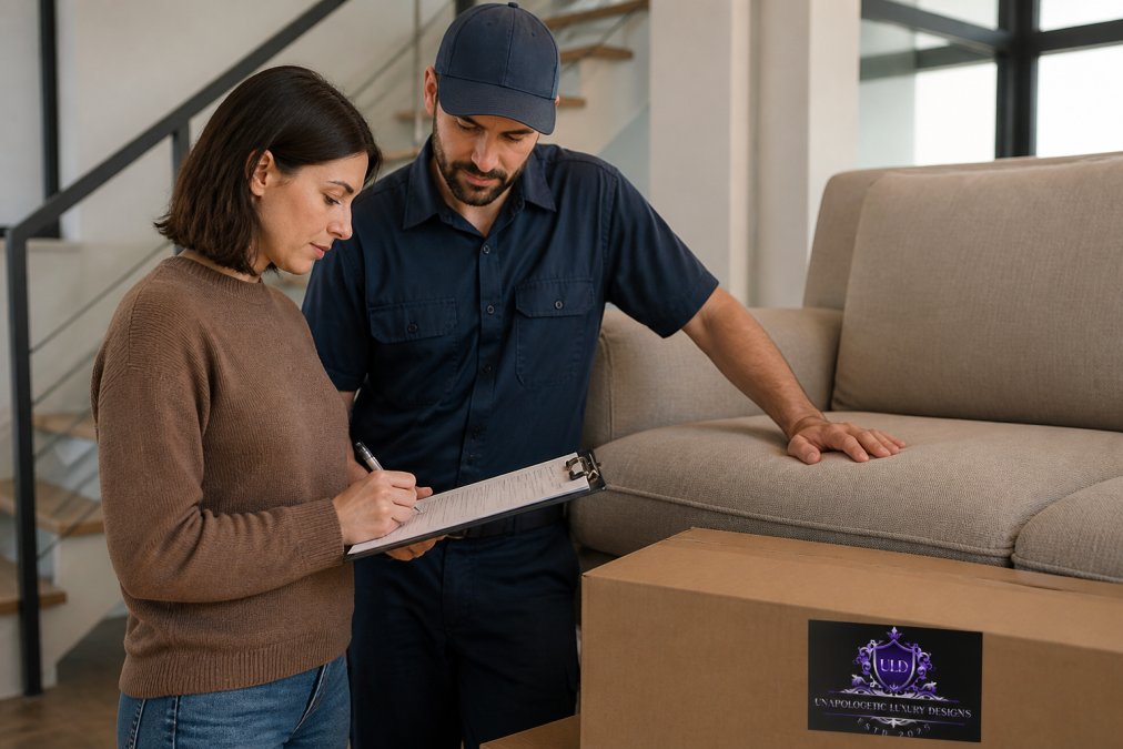Person reviewing the modern furniture return policy with a delivery worker before receiving the items.