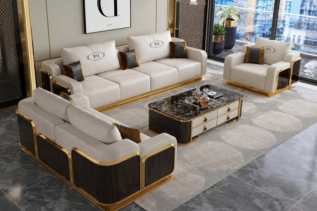 Modern statement furniture for living rooms featuring a sleek sofa set and elegant coffee table in a luxurious setting.