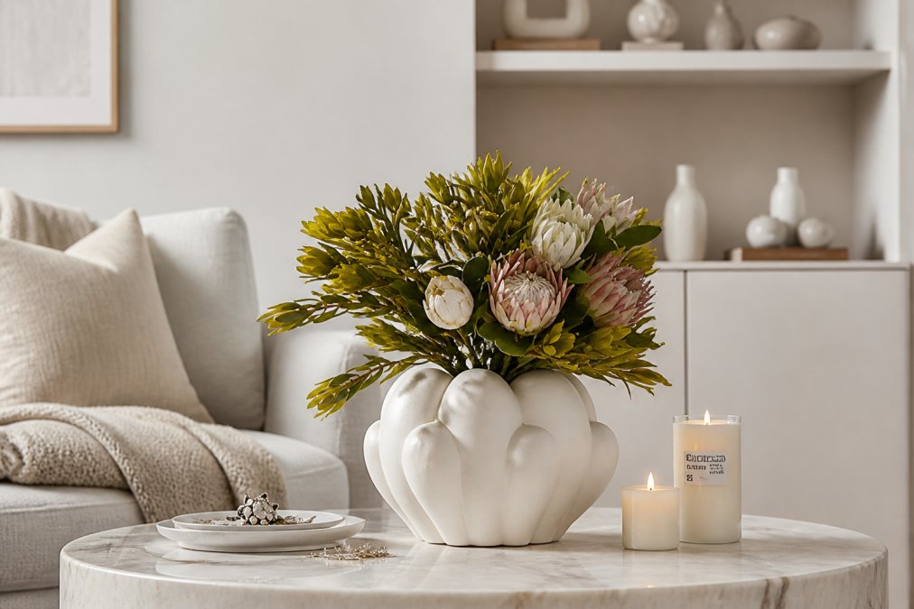 A stylish vase with colorful flowers on a marble table in a cozy living room, showcasing timeless interior design tips 2026.