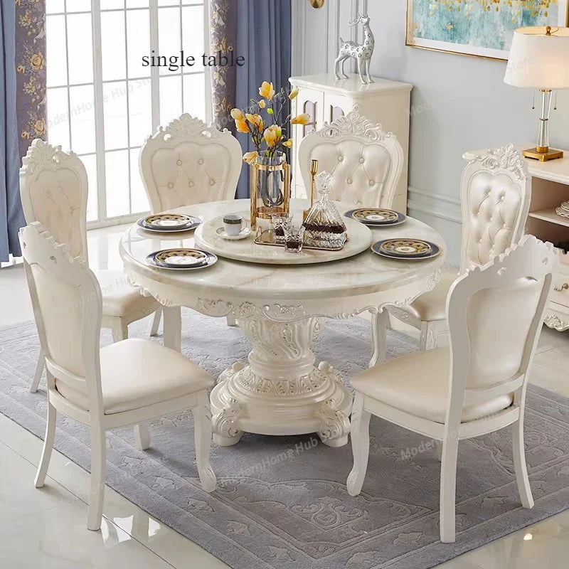 Luxury dining sets with coordinated seating featuring an elegant round table and ornate chairs.