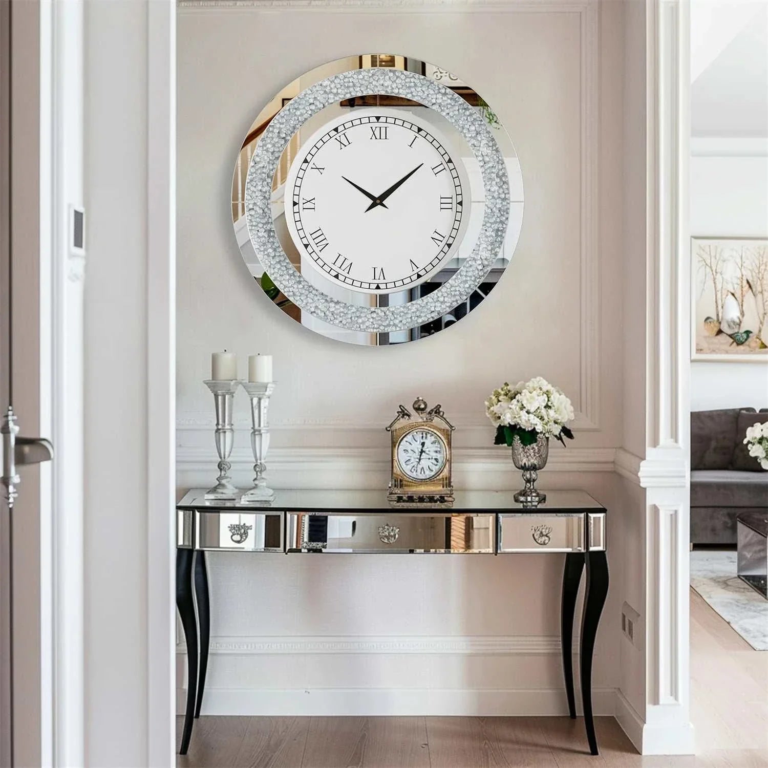 Luxury decorative mirrors with a round clock and elegant furnishings in a stylish hallway setting.