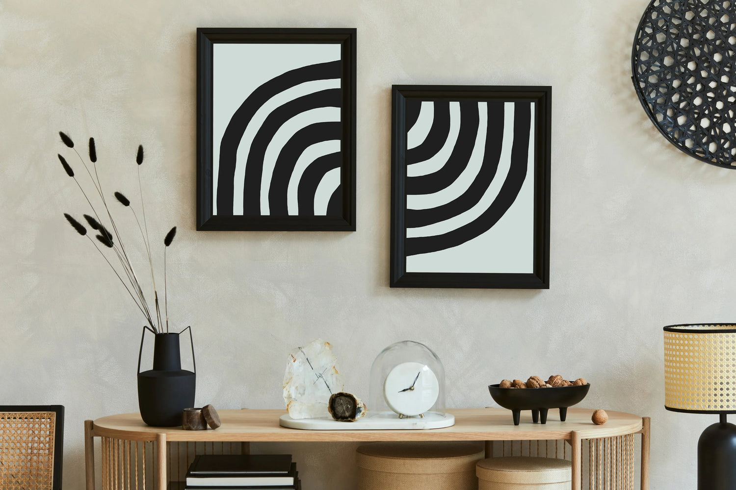 luxury wall art collection featuring two modern framed artworks on a stylish living room wall.