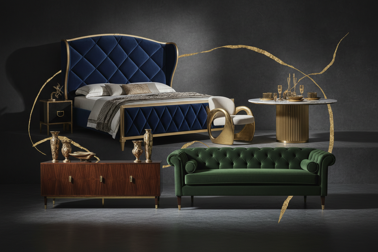 AVADA best selling AVADA products showcasing a luxurious bedroom and living room furniture collection.