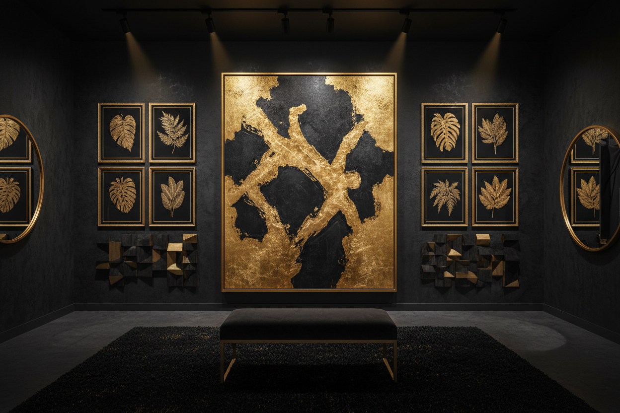 Luxury wall art collection featuring oversized abstract gold canvas and framed botanical prints in a modern setting.