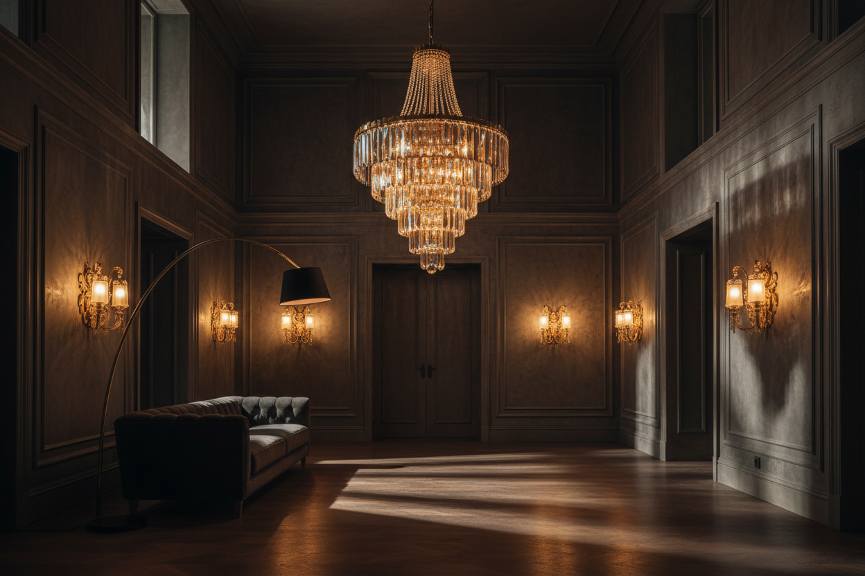Stunning luxury lighting designs featuring a gold crystal chandelier and modern arc floor lamp in an elegant setting.
