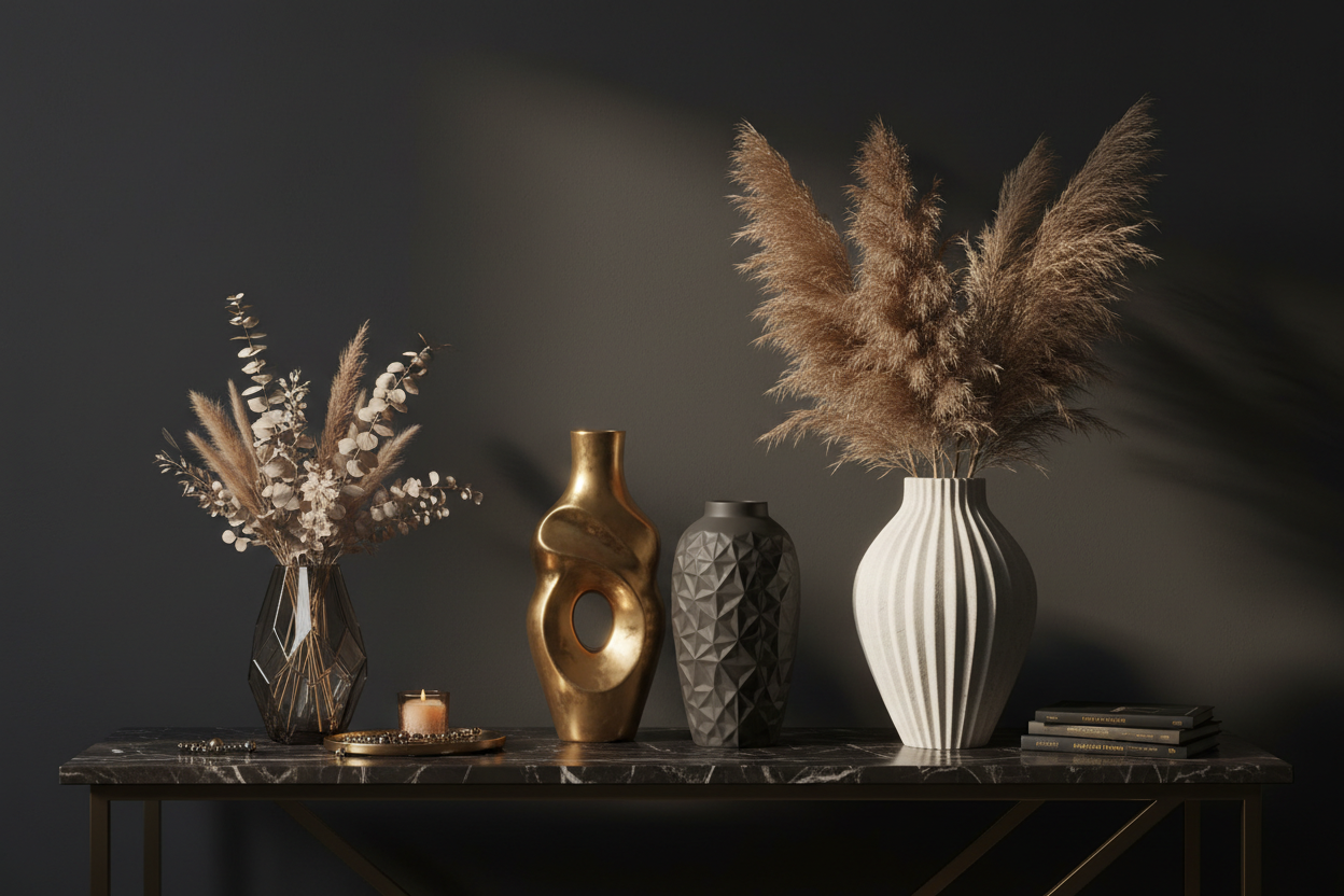 Luxury decorative vases in modern forms with elegant textures and dried florals as stylish decor.