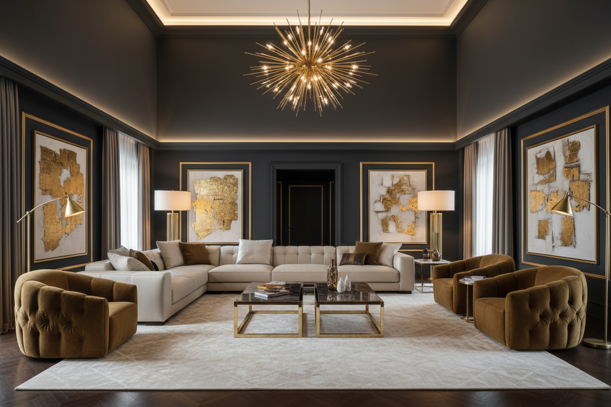 Luxury Italian leather sectionals in a modern, audacious living room with elegant decor and bespoke furnishings.