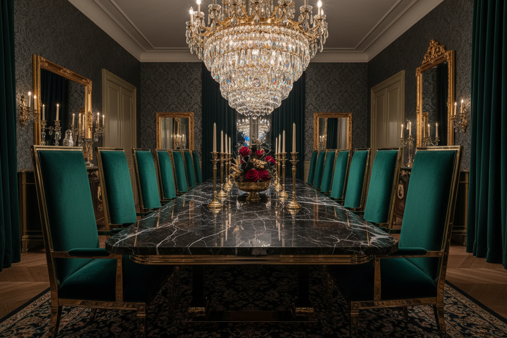 Luxury dining room furniture collection featuring a marble table, velvet chairs, and elegant decorations.