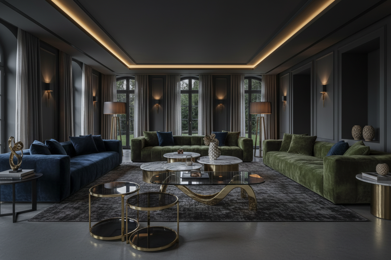 Luxury coffee and console tables in a modern, contemporary living room with plush seating and elegant decor.