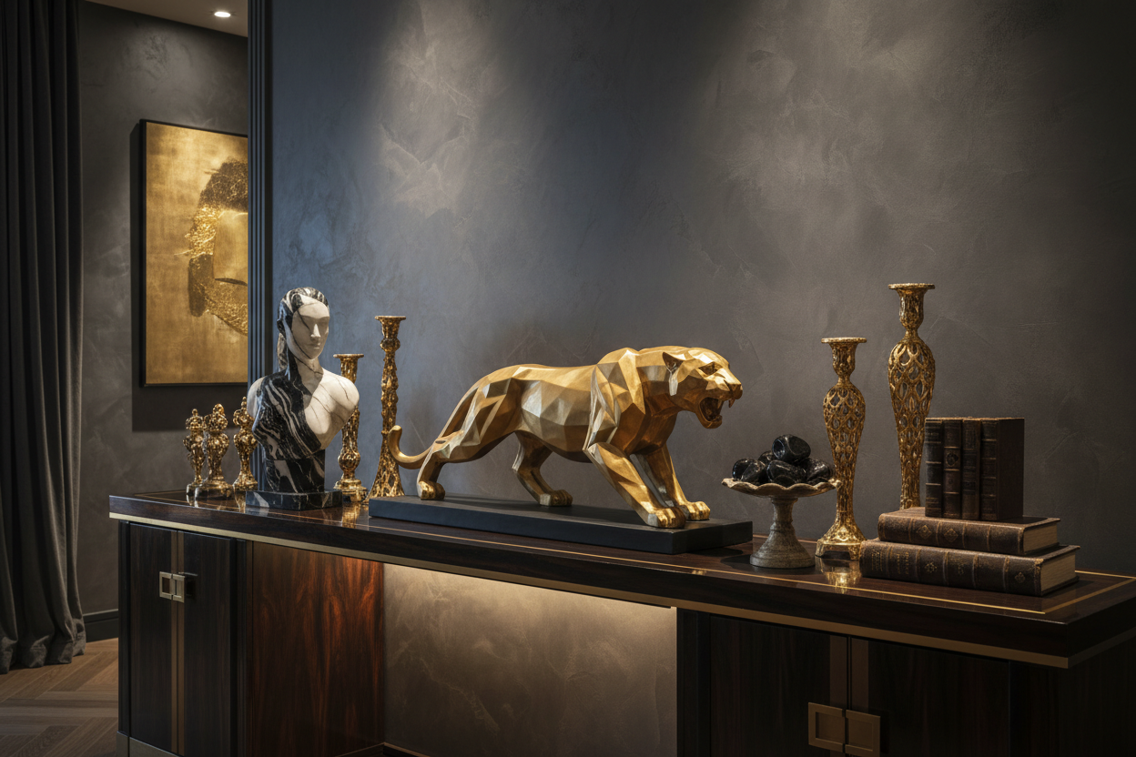 Luxury decorative sculptures featuring a golden panther, elegant candlesticks, and a marble bust on a stylish console.