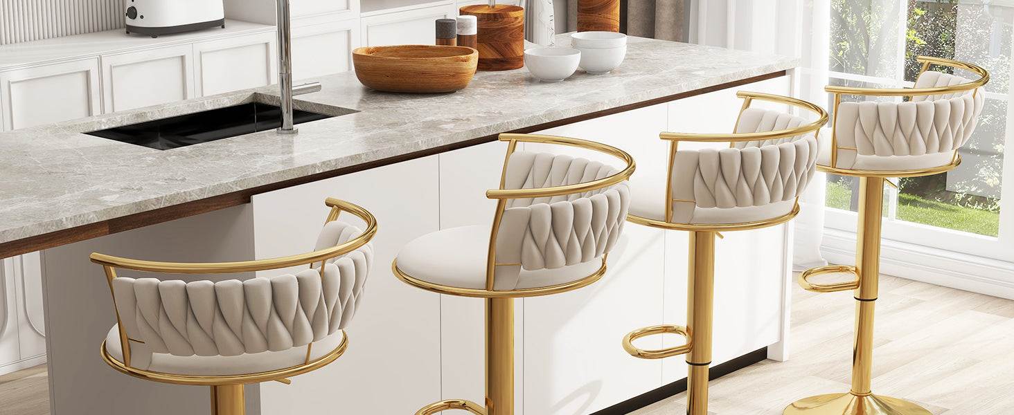 Modern kitchen with marble island and bar stools