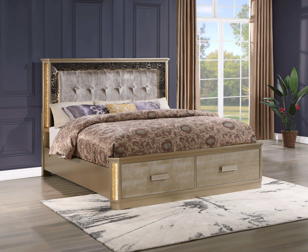 Neoclassical style bed with tufted headboard in a bedroom setting.