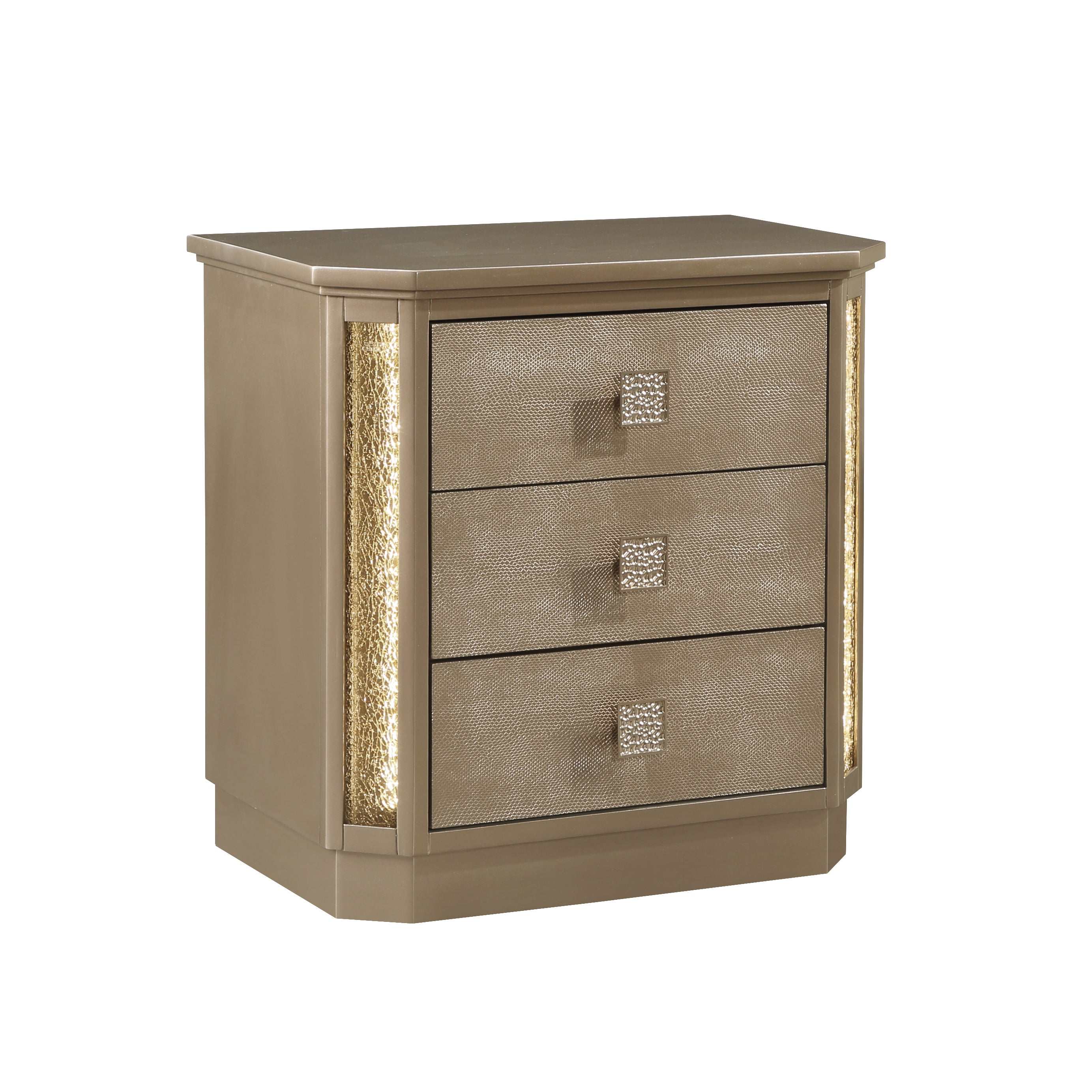 Beige nightstand with three drawers and decorative handles on a white background