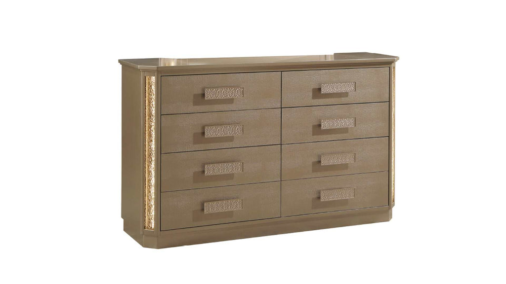 Beige dresser with multiple drawers on a white background