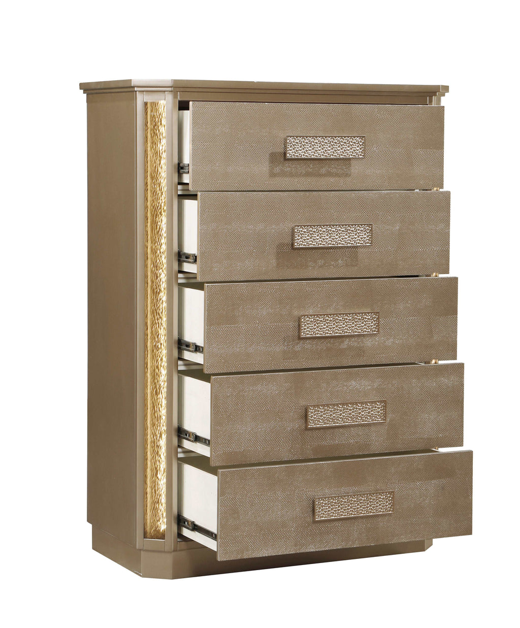 Beige chest of drawers with decorative handles on a white background