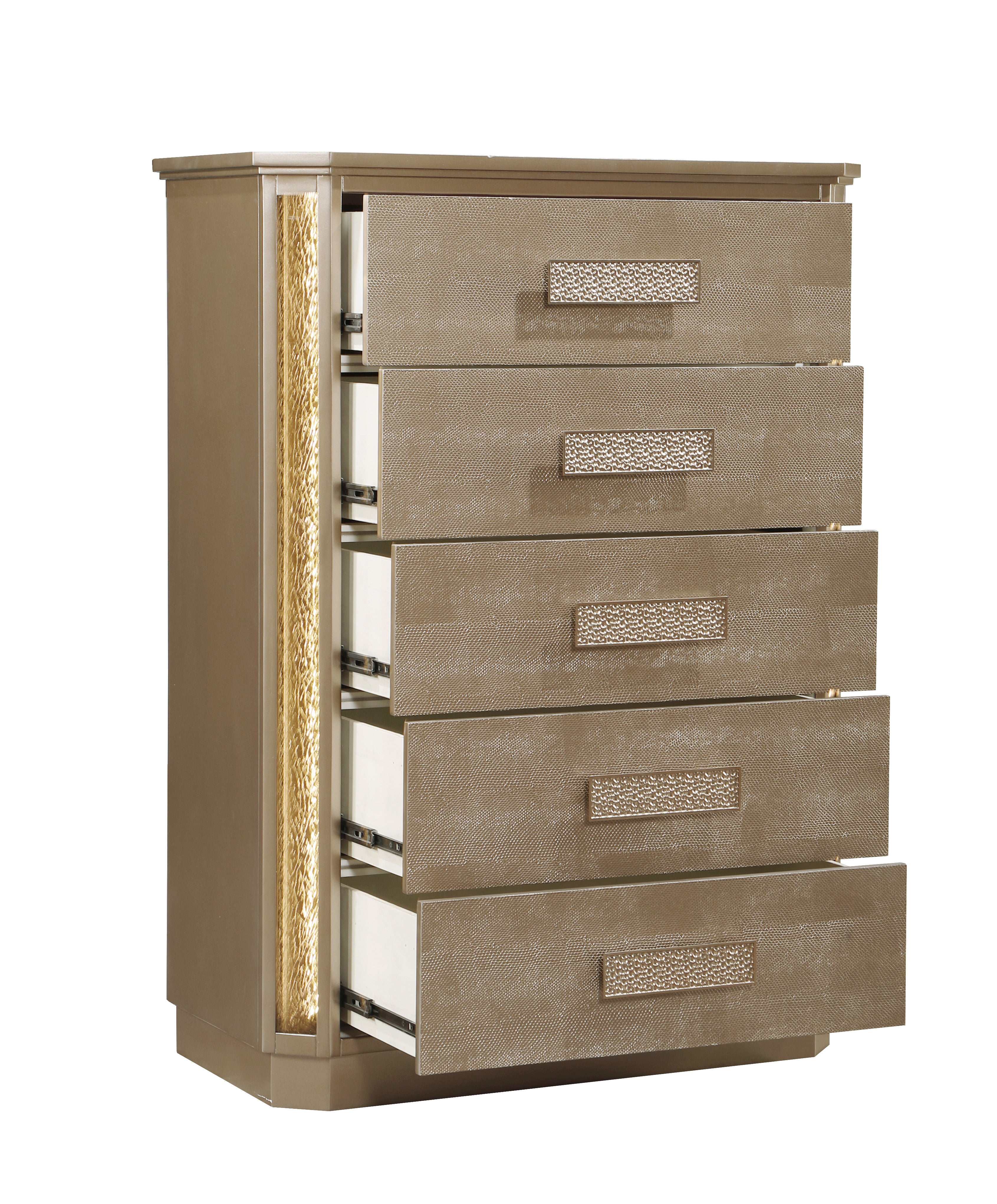 Beige chest of drawers with decorative handles on a white background