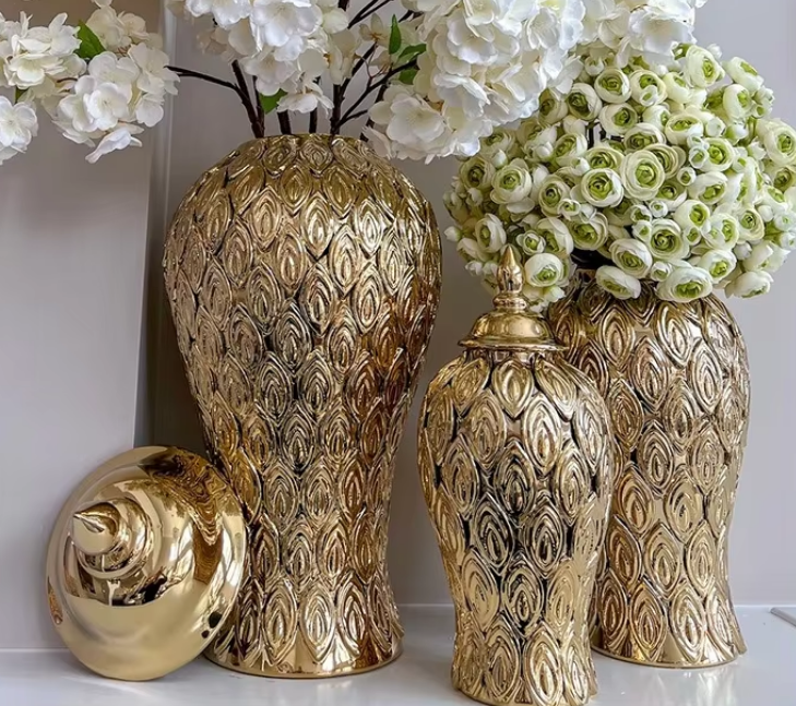 Luxury Pineapple Pattern Electroplated Gold Tall Ceramic Vase