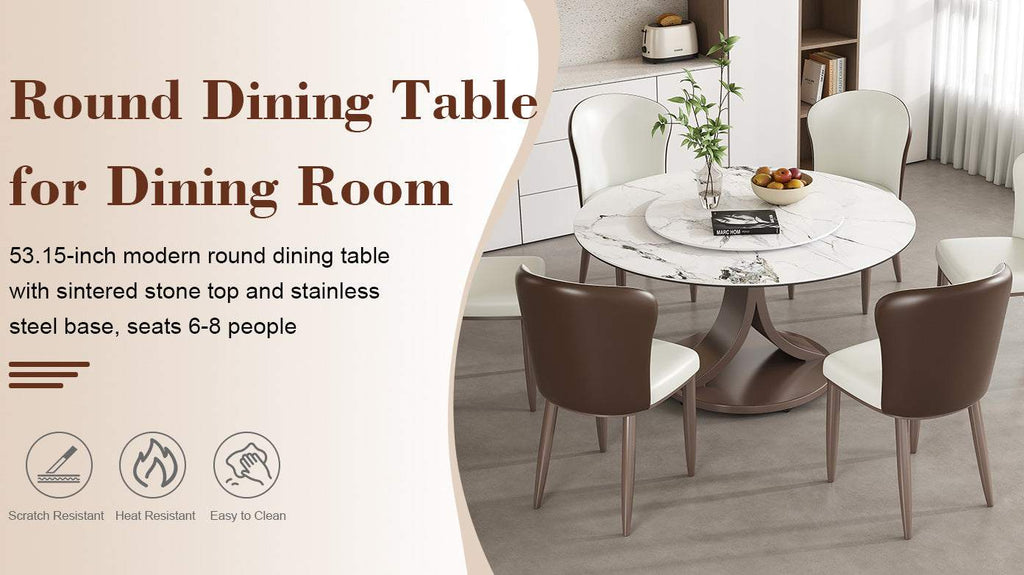 Round dining table with chairs in a room setting, featuring text about the table's dimensions and features.