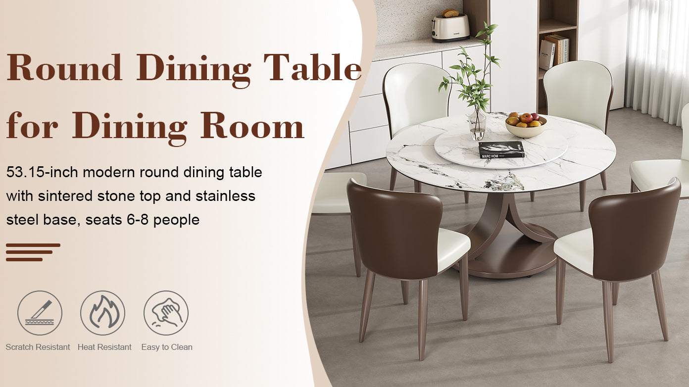 Round dining table with chairs in a room setting, featuring text about the table's dimensions and features.