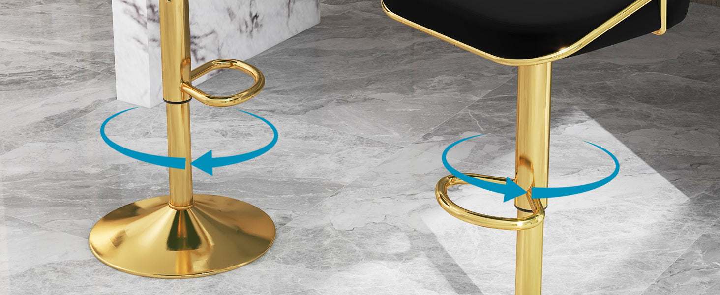 Gold bar stools with black seats on a marble floor