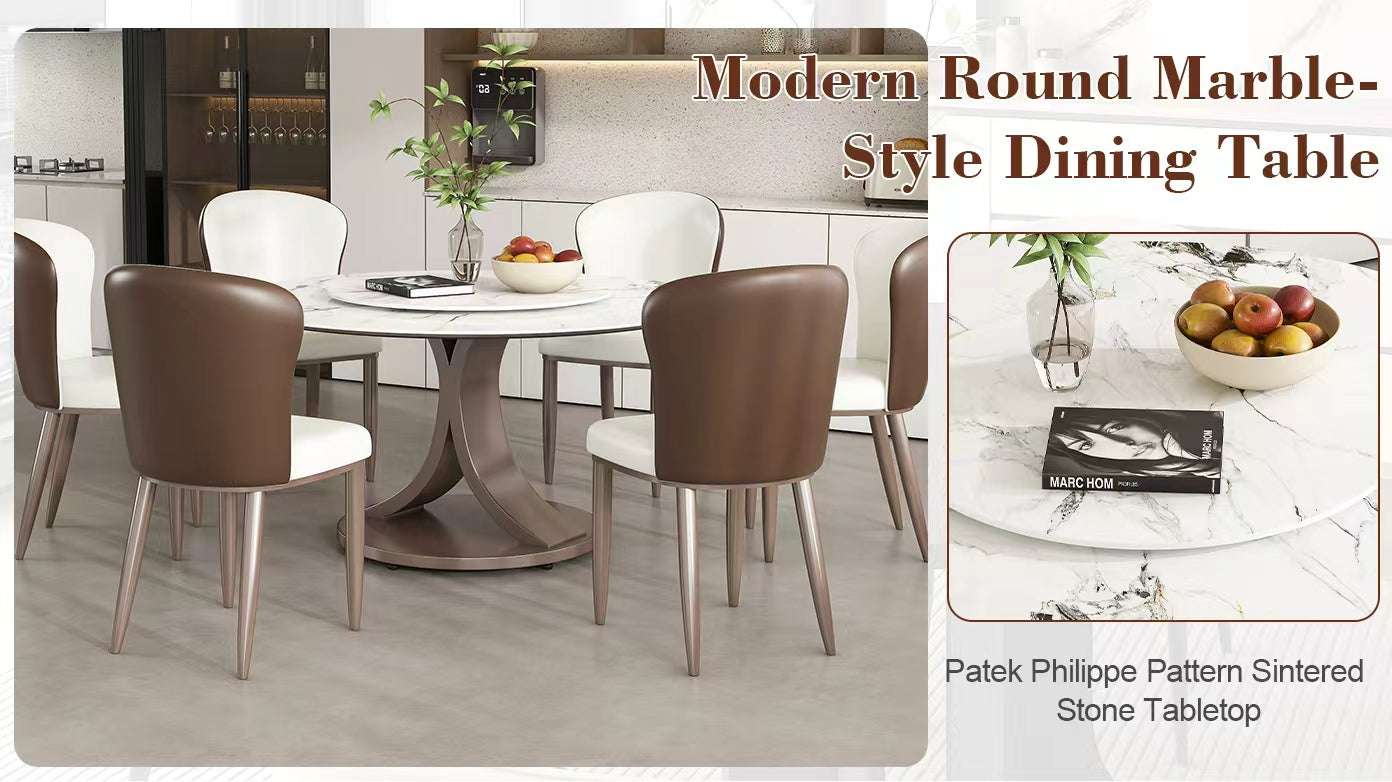 Modern round marble-style dining table with chairs in a kitchen setting.