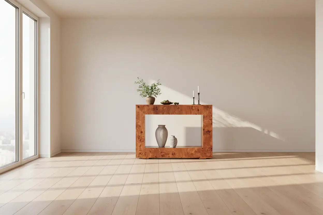 Wooden console table with decorative items on a white background