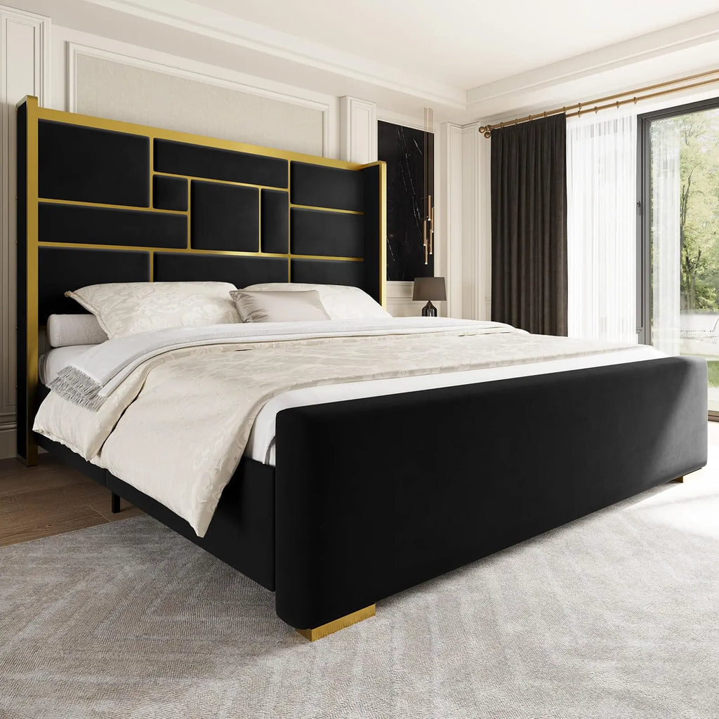 Luxury tufted velvet round bed with a black and gold modern design in an elegant bedroom setting.