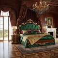 emerald velvet baroque king bed with tufted headboard and gold carved frame in elegant bedroom setting