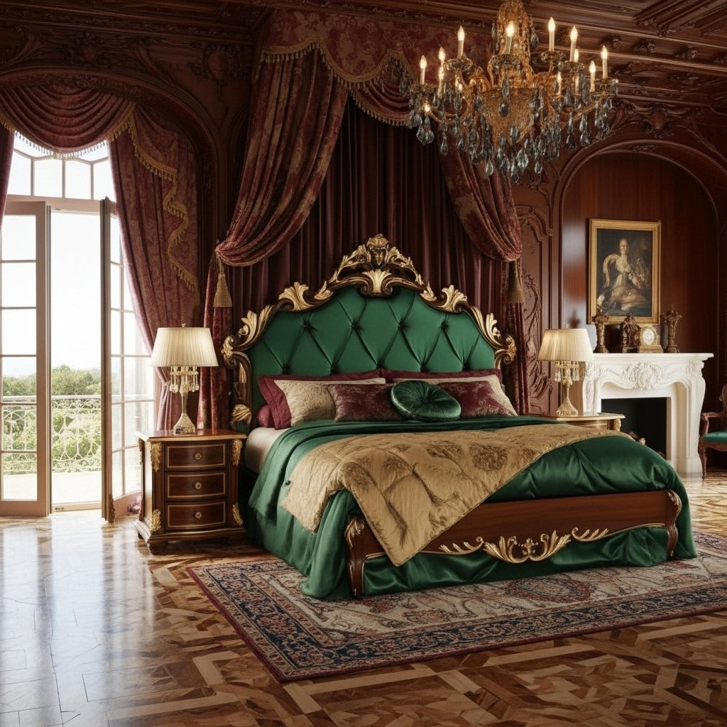 emerald velvet baroque king bed with tufted headboard and gold carved frame in elegant bedroom setting