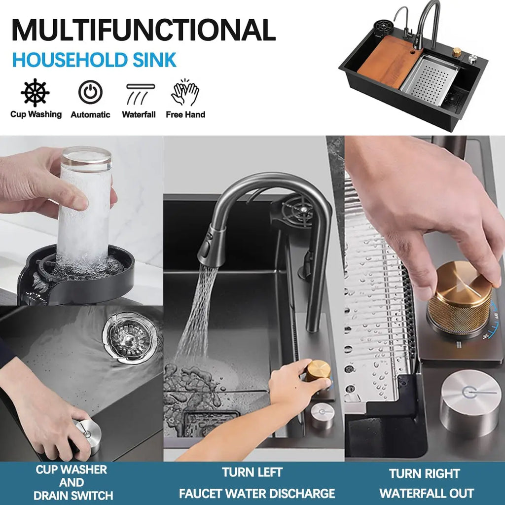 Nano Black Flying Rain Drop-in, Stainless Steel, Waterfall Kitchen Sink.