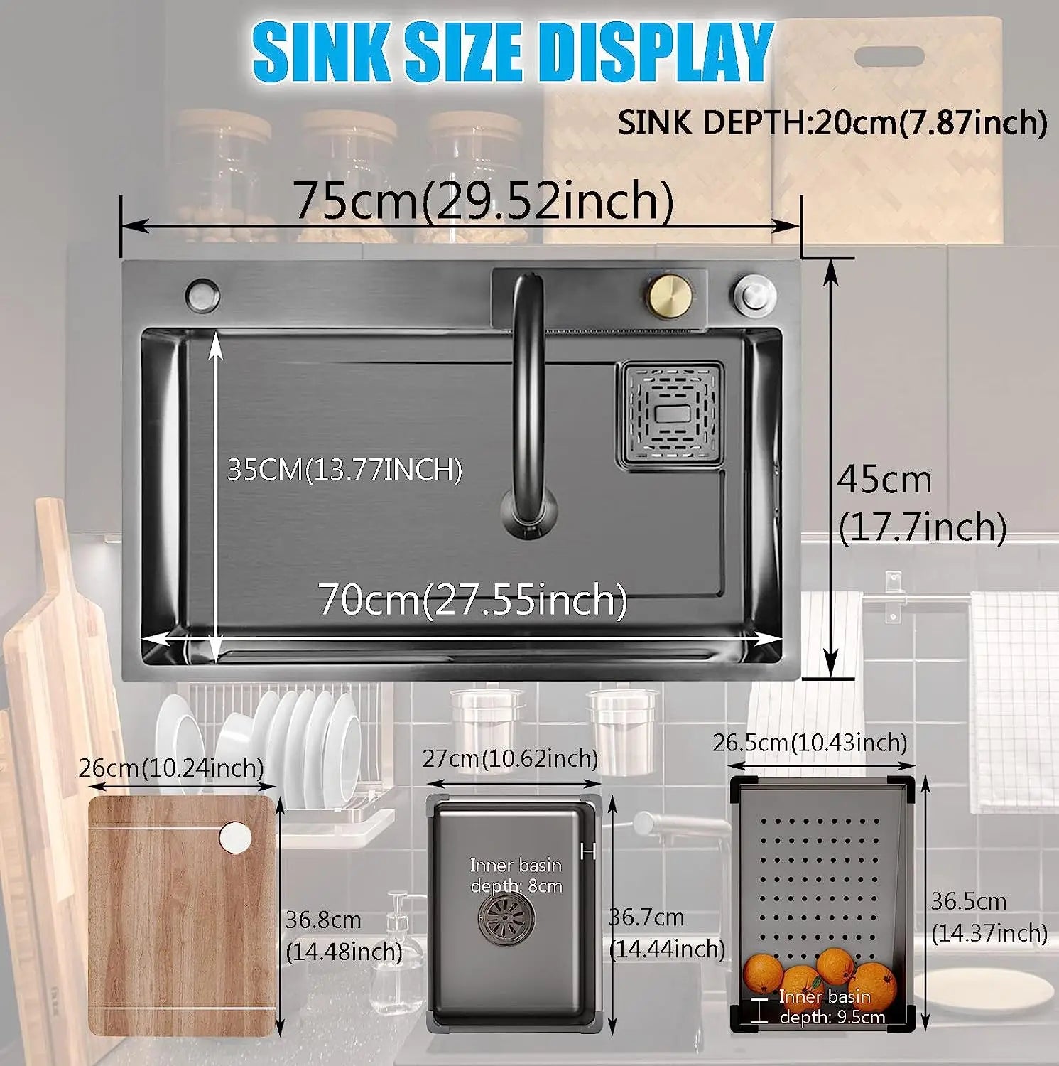 Nano Black Flying Rain Drop-in, Stainless Steel, Waterfall Kitchen Sink.