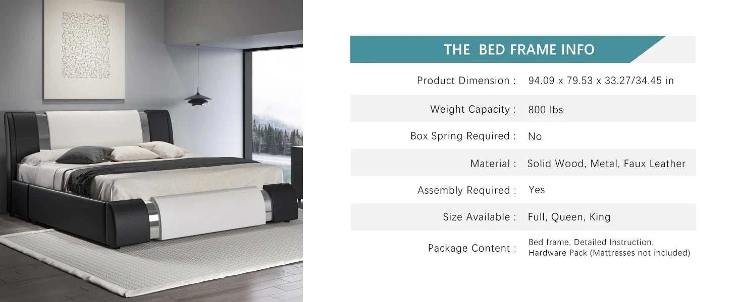 Bed frame with product information displayed on a white background