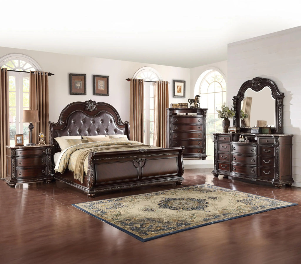 Royal Tufted Round Bedroom Set | Mahogany Frame + Nightstands in an elegant bedroom setting