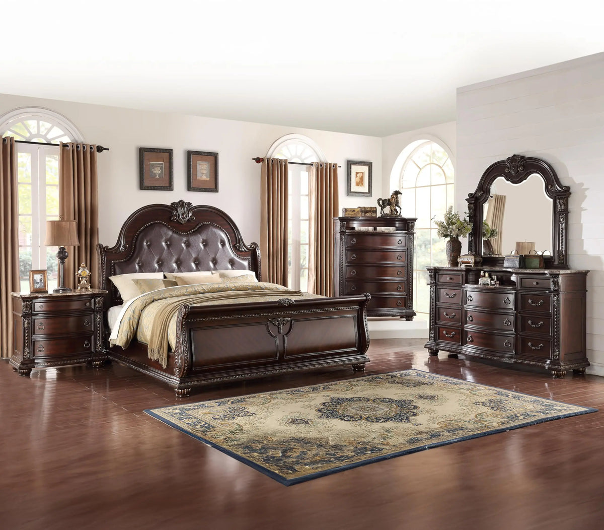 Royal Tufted Round Bedroom Set | Mahogany Frame + Nightstands in an elegant bedroom setting