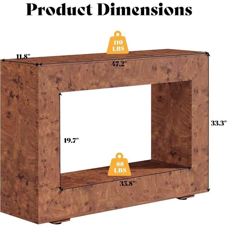 Wooden console table with measurements and weight indicators on a white background