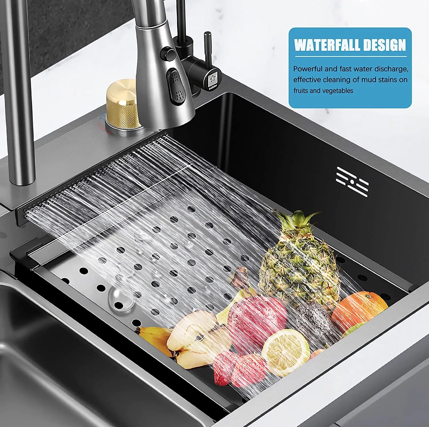 Nano Black Flying Rain Drop-in, Stainless Steel, Waterfall Kitchen Sink.