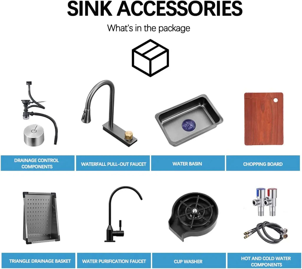 Nano Black Flying Rain Drop-in, Stainless Steel, Waterfall Kitchen Sink.