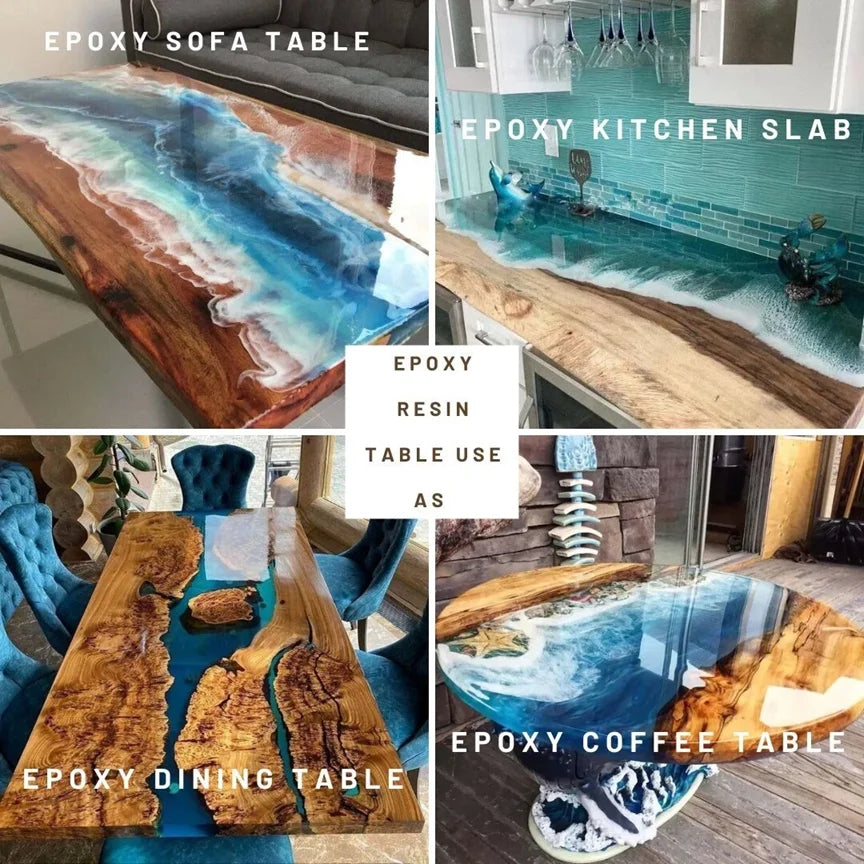 Collage of epoxy resin tables and slabs in various settings.