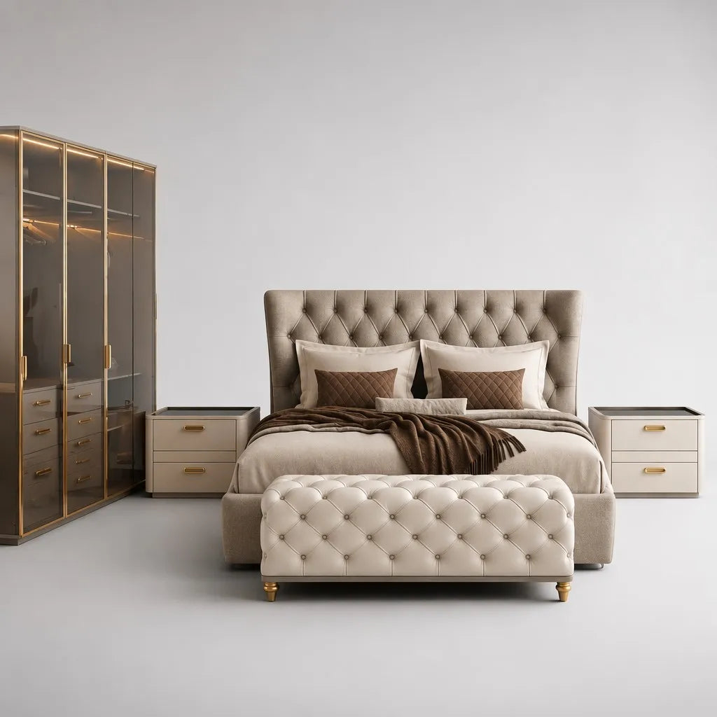 Rustic Tufted Wood LED Bedroom Set