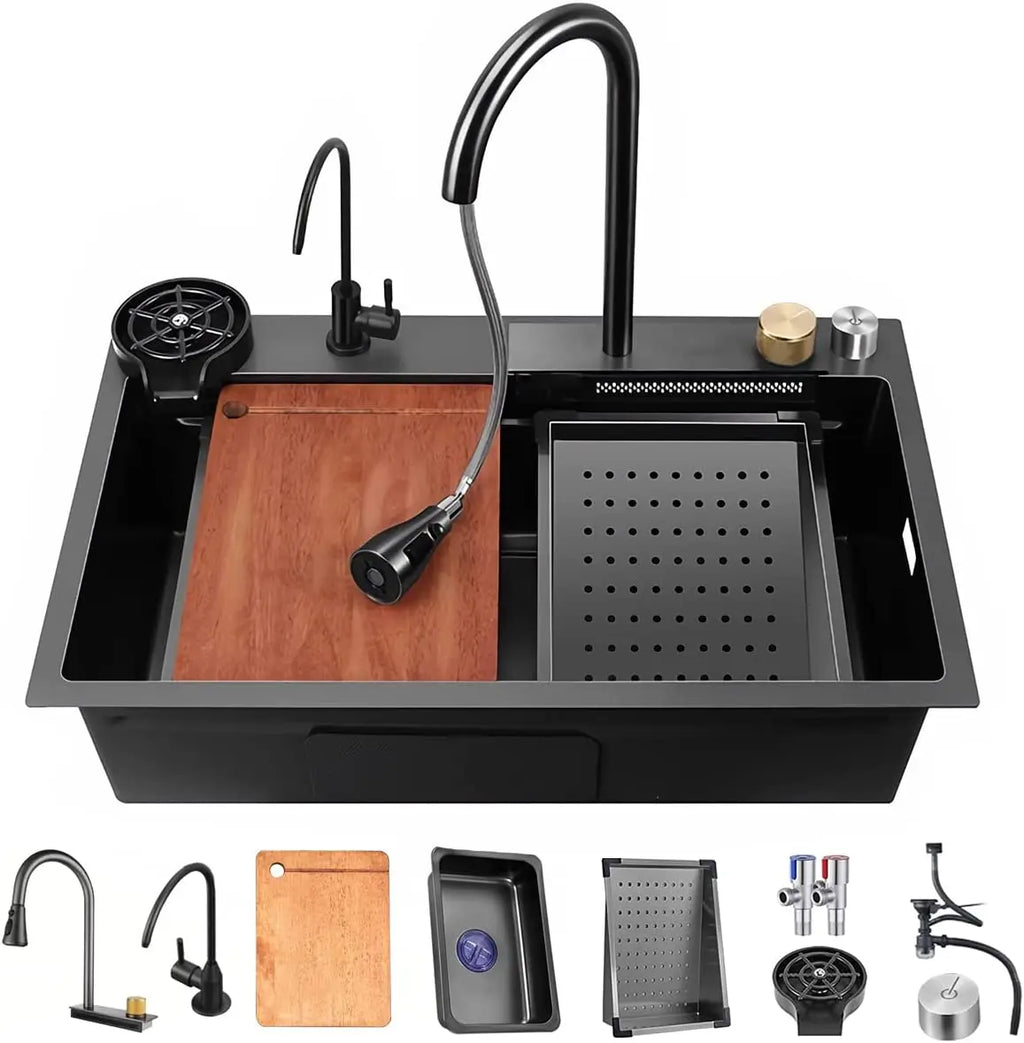Nano Black Flying Rain Drop-in, Stainless Steel, Waterfall Kitchen Sink.