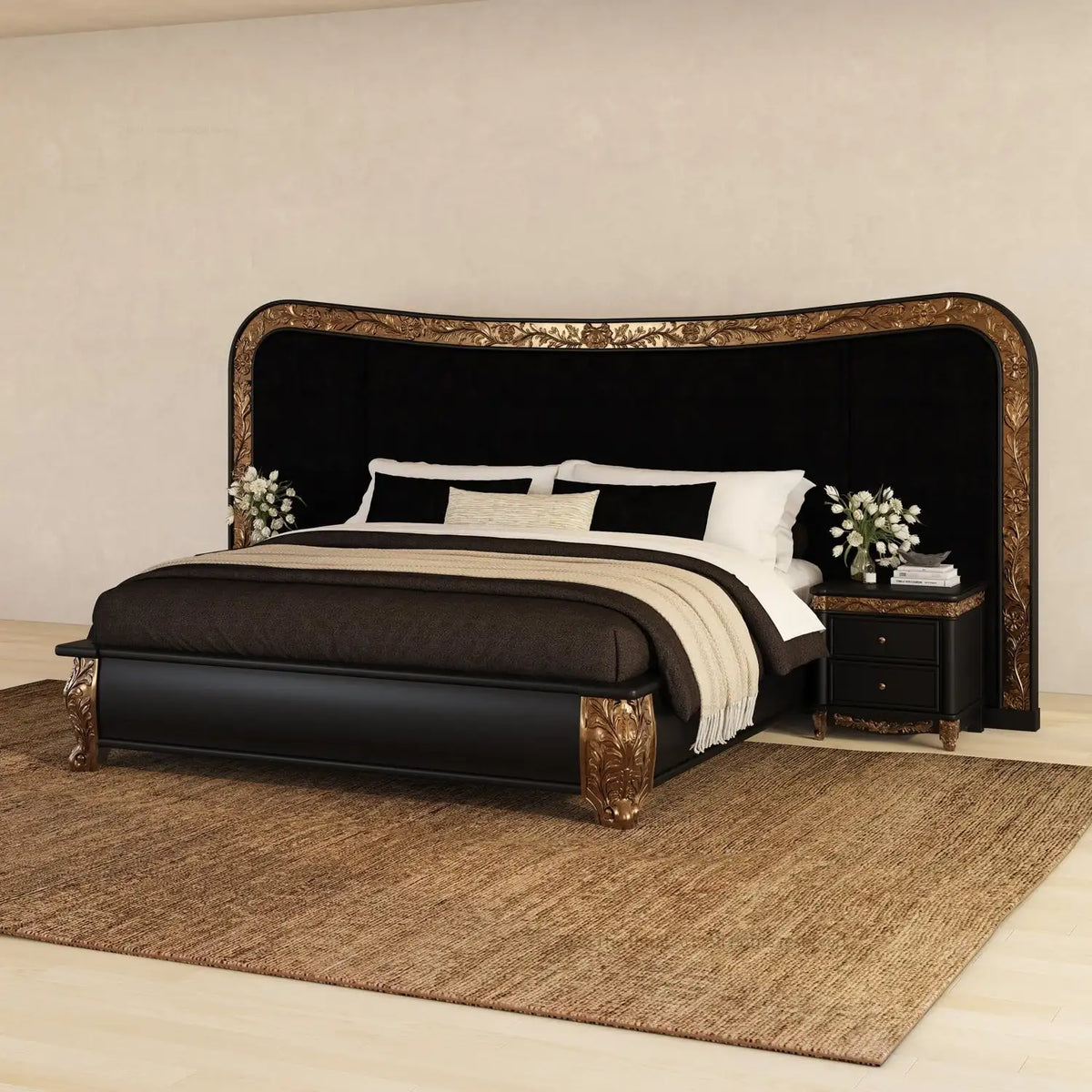 Traditional Royal Black & Gold Round Bed featuring luxury tufted velvet round bed with elegant design and craftsmanship.