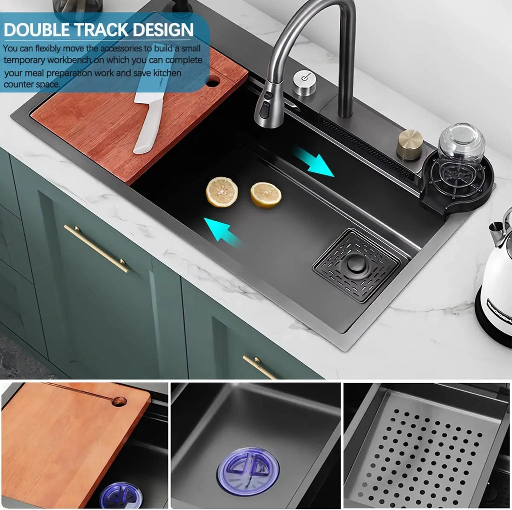 Nano Black Flying Rain Drop-in, Stainless Steel, Waterfall Kitchen Sink.