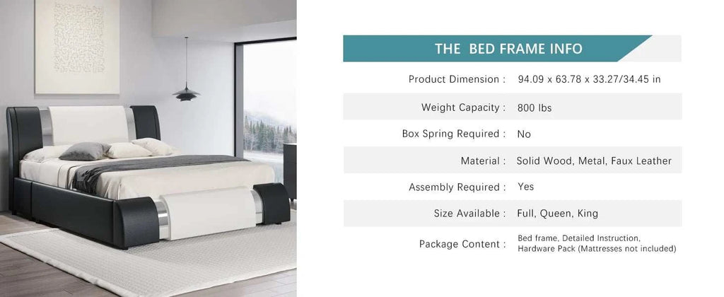 Bed frame with product information displayed on a white background