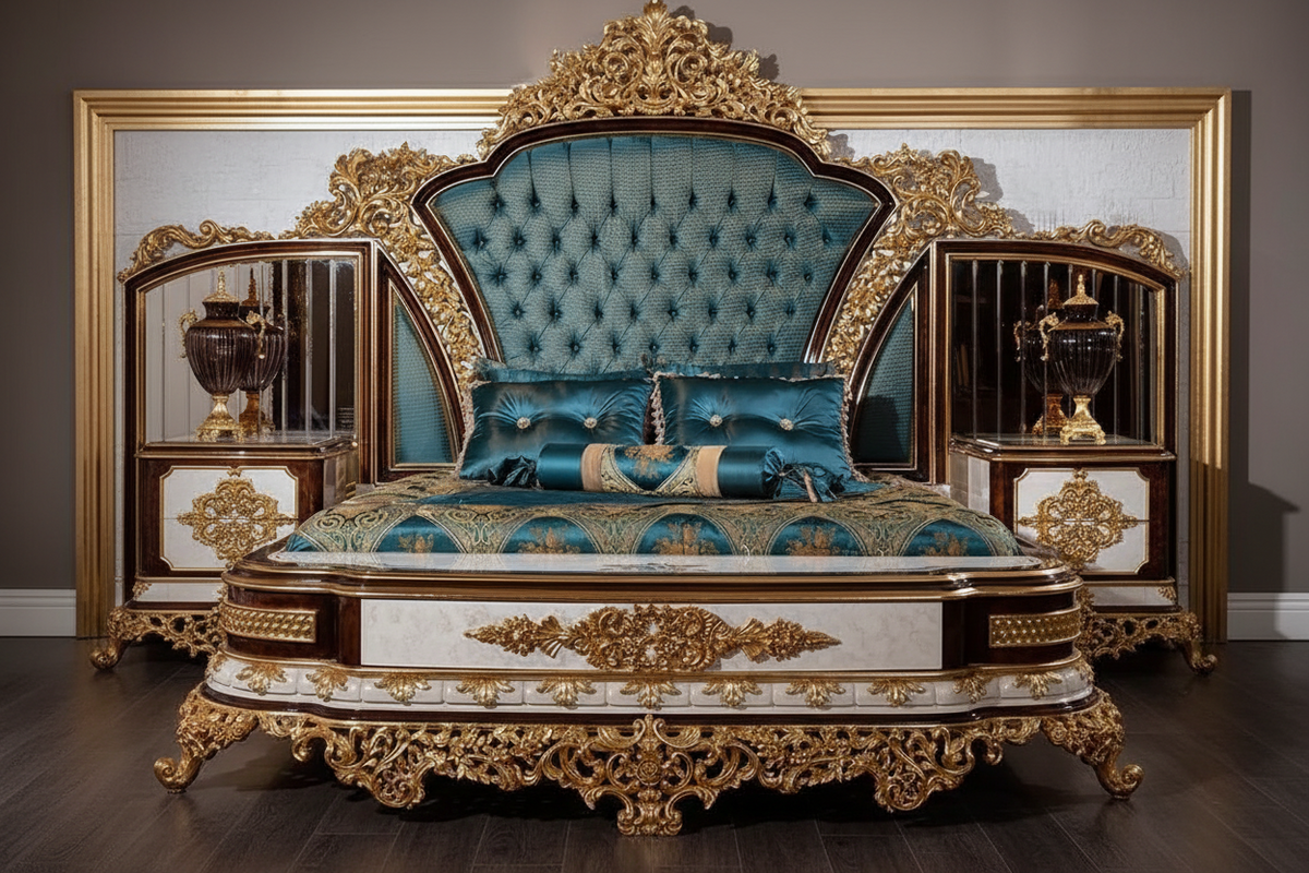 An ornate luxury bed with a high tufted teal blue headboard, matching patterned bedding, and matching nightstands, all decorated with intricate gold baroque carvings, set against a dark gray wall and dark wood floor.