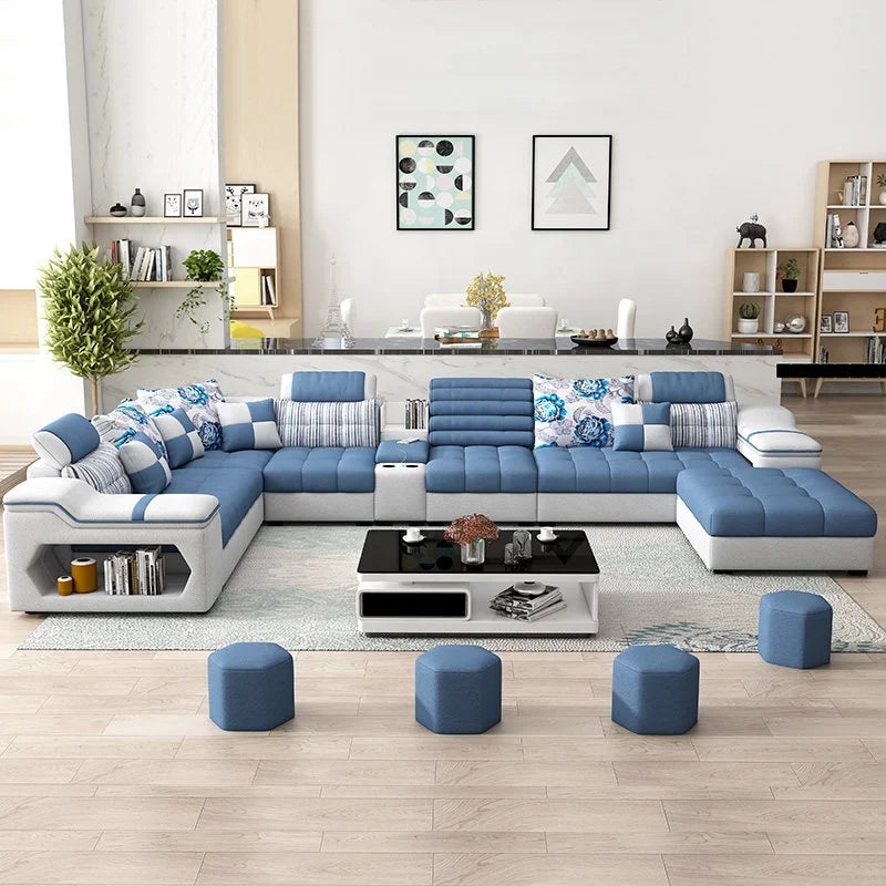 U-Shaped 7-Seater Sectional Sofa in blue with floral cushions, perfect for stylish living rooms.