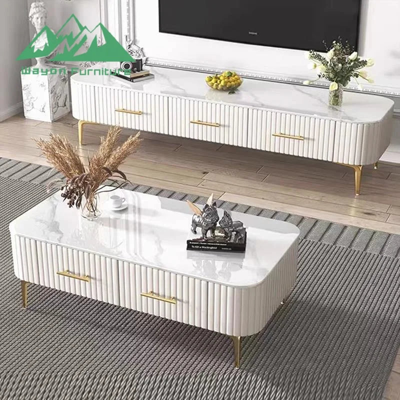 Modern wooden TV stand with storage in white with elegant design and multiple drawers for organization.