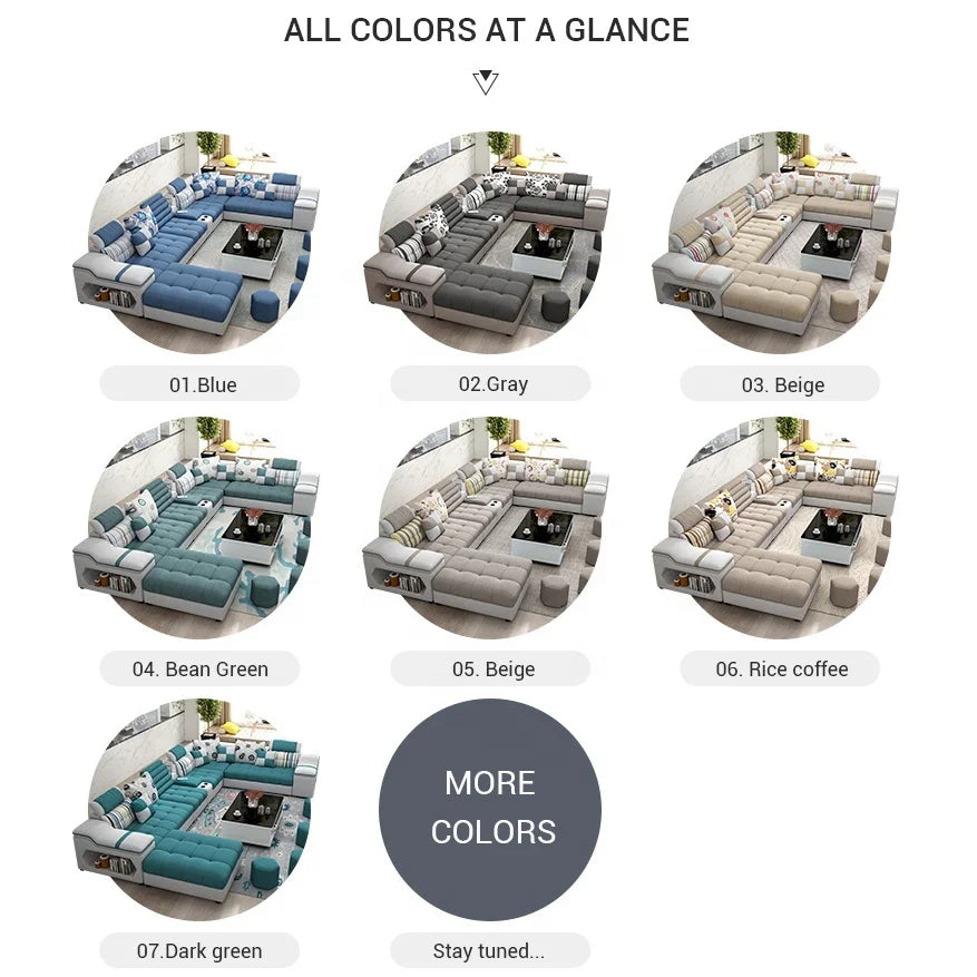 Sofa color swatches with options for blue, gray, beige, and more on a white background.