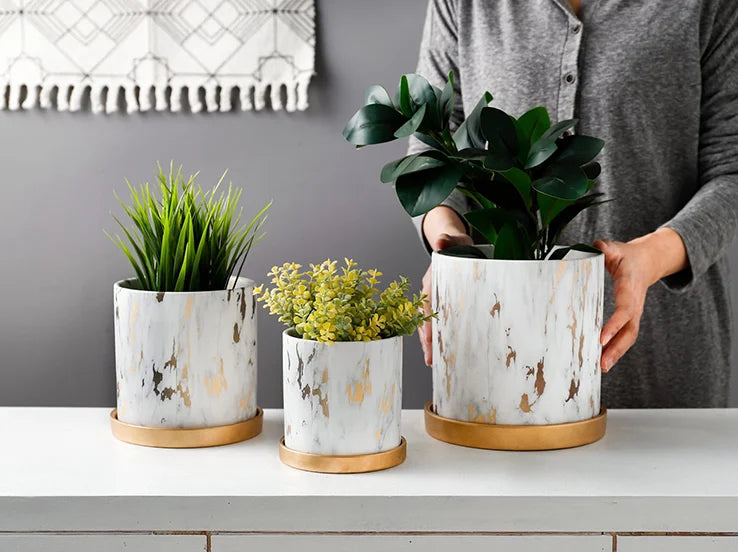 American Marbled Round Ceramic Flowerpot with Base Tray