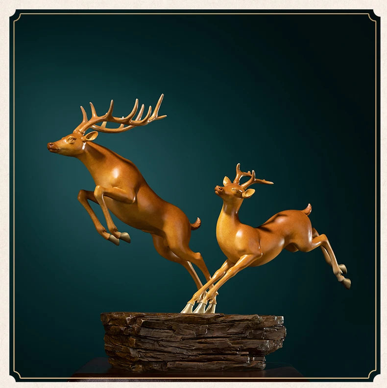 Hand-Engraved Brass Fu Lu Shou Deer Sculpture | Limited Edition Auspicious Art
