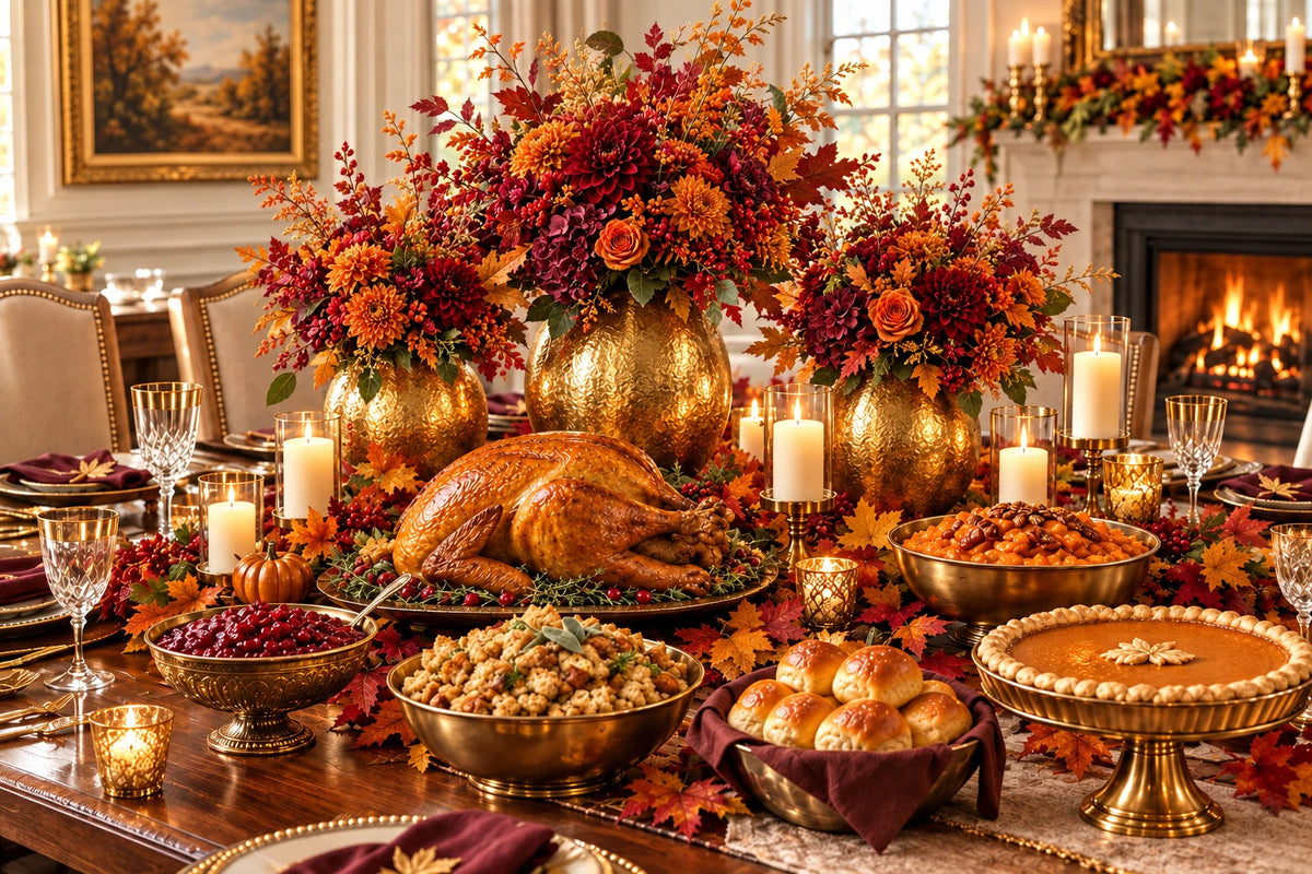 Set of three gold spherical vases on a dinner table with a bountiful Thanksgiving feast